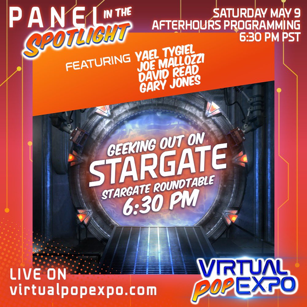 VirtualPopExpo's tweet photo. We'll be up LATE with GATE tonight after-hours with @ThatHashtagShow chatting #Stargate! Here's your chance to ask questions for our panelists, drop them here⬇️⬇️⬇️ #VirtualPopExpo #VPE2020 @BaronDestructo @TheGaryJones @yaeltygiel #DavidRead https://t.co/ak6VUncoa6