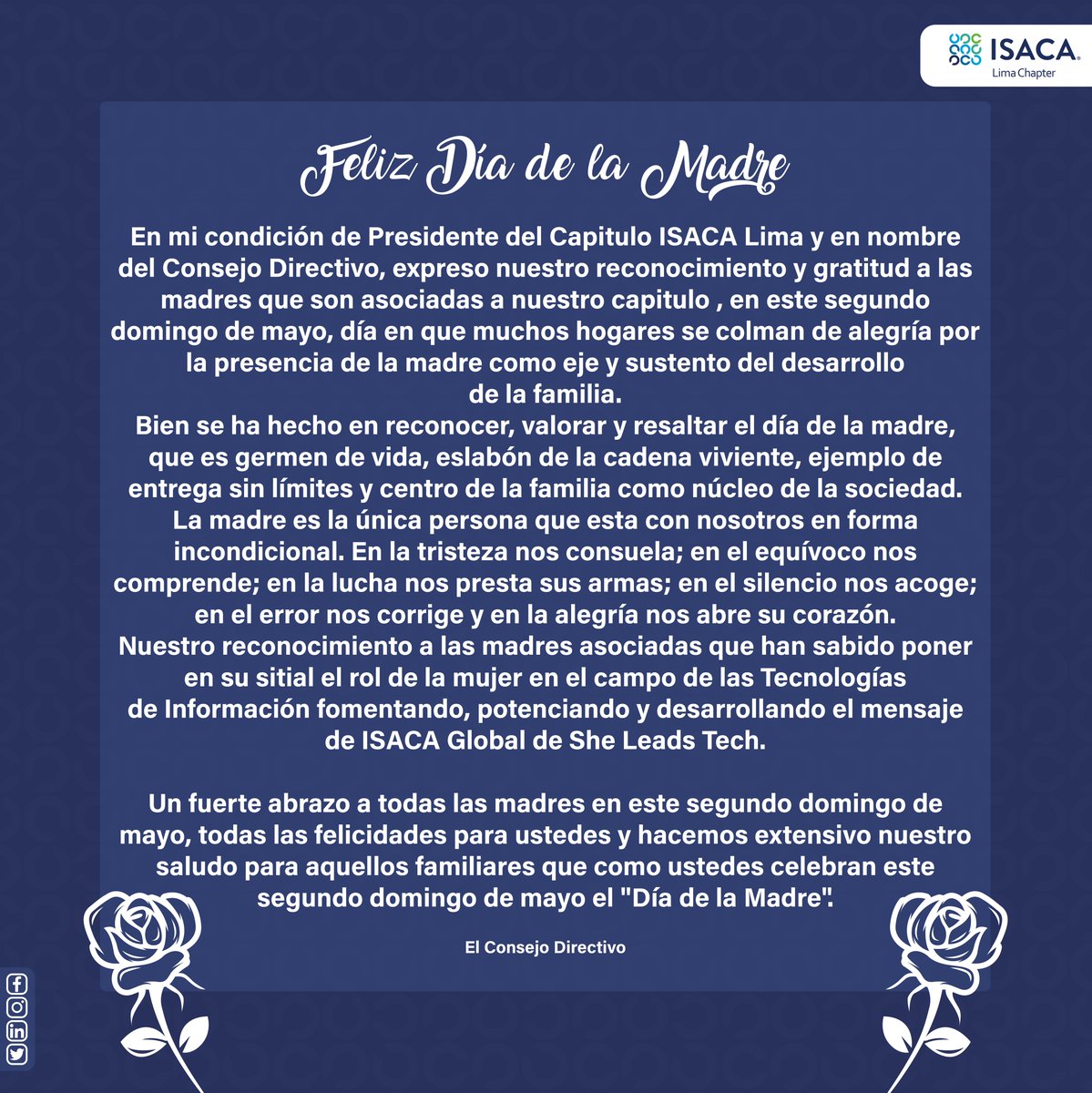 Desde ISACA Lima Chapter 146 les deseamos un ¡Feliz Día de la Madre!
