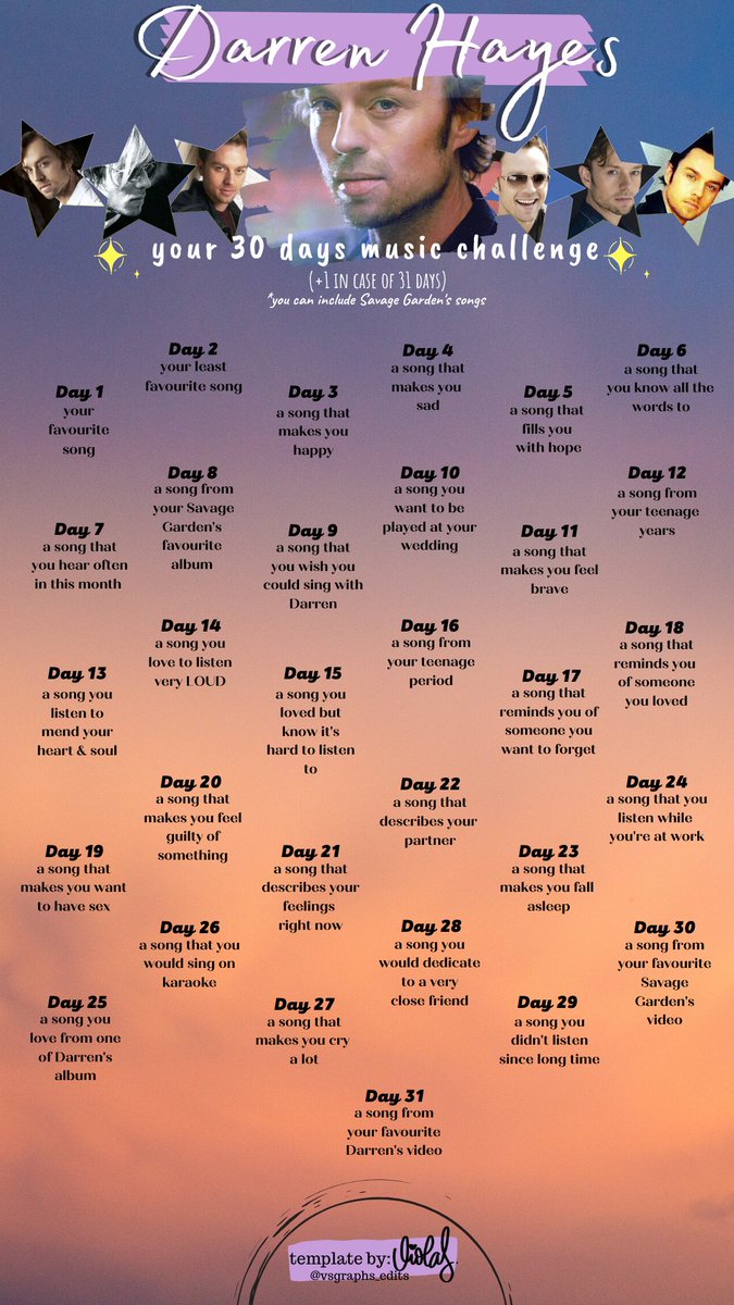 leviackermancos's tweet photo. There's a #30DaySongChallenge to celebrate @darrenhayes b'day. So... those below are the rules of the #challenge:
1. you can choose songs of #SavageGarden too 
2. ABSOLUTELY DO NOT crop off the watermark 
3. the point number 1 and number 2 are enough
HAVE FUN! https://t.co/6iGsNzbv8d
