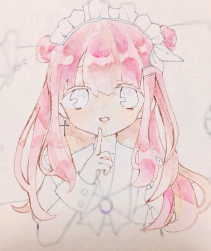 1girl solo pink hair maid headdress upper body traditional media long hair  illustration images