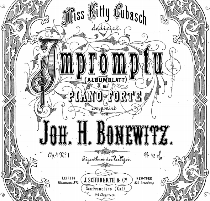 erase_m's tweet photo. Johann Heinrich #Bonawitz (1839-1917) - Impromptu (Albumblatt), Op. 4 No. 1 (Leipzig: Schuberth & Co., 1872)
https://t.co/q0RIQrue4a
ヨハン・ハインリヒ・ボナヴィツ (ボネヴィツ) 作曲「即興曲 ヘ短調 Op. 4 No. 1」。表紙の Impromptu の I の文字がト音記号の形に装飾されている。 https://t.co/XIwWsKowtY