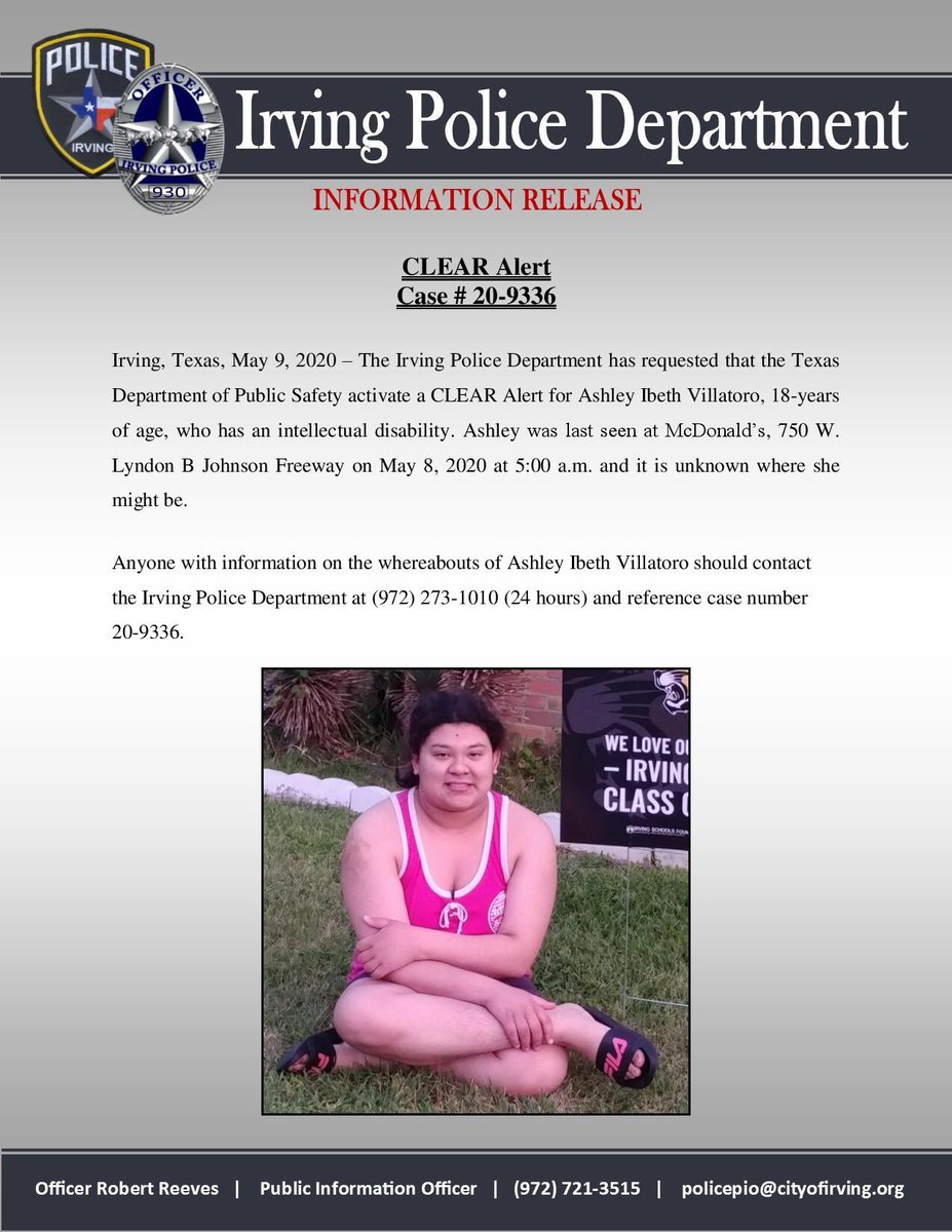 IrvingPD's tweet photo. Attached is a media release in reference to a CLEAR Alert that is being activated by @TxDPS for Ashley Ibeth Villatoro. @TX_Alerts https://t.co/QZdUPLLJ8k