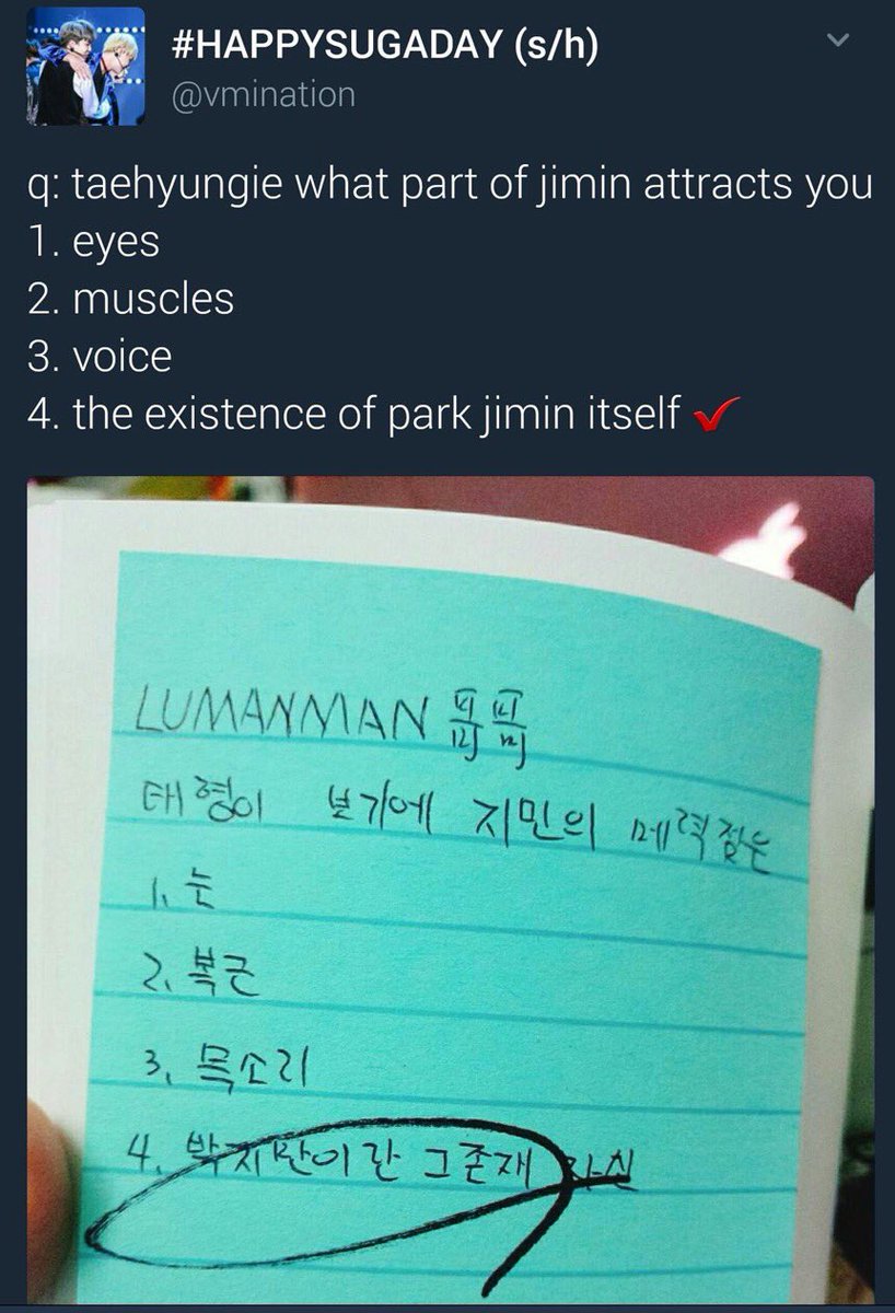 taehyung got asked what part of jimin is attracts him and he chose “the existence of park jimin itself” 