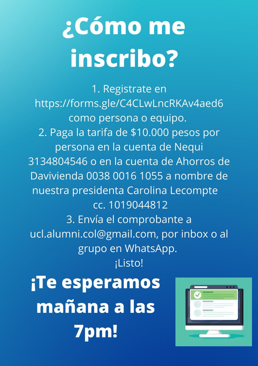 UCL_Colombia's tweet photo. ¿Ya te inscribiste? Aún puedes hacerlo. ¡Nos vemos mañana a las 7 pm! https://t.co/tsewomqFY3
