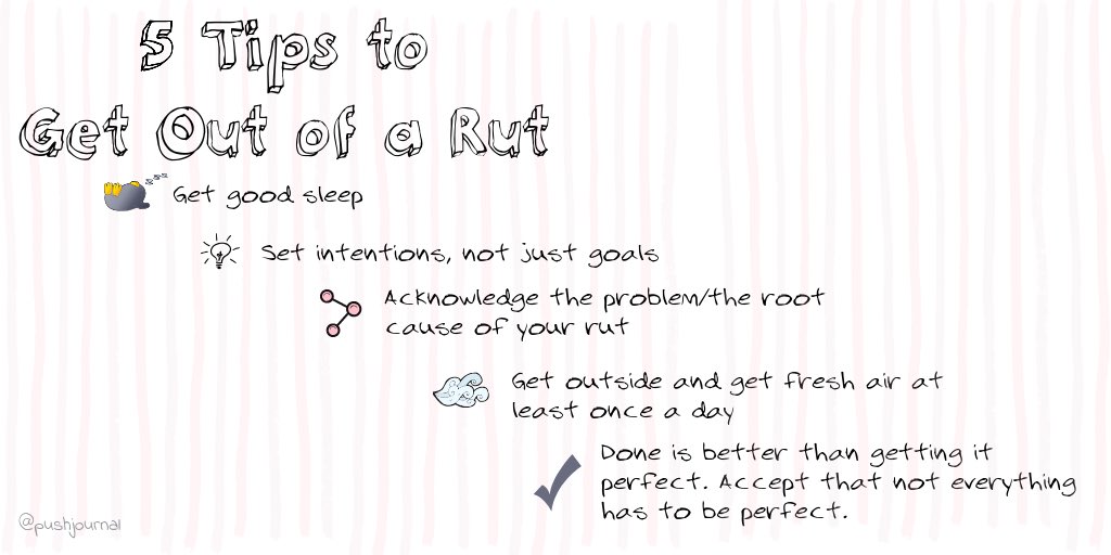 YourDailyPUSH1's tweet photo. 5 Tips to Get Out of a Rut
#sleep #setintentions #acknowledgetheproblem #gooutside #GetItDone https://t.co/6nQBhowN9E