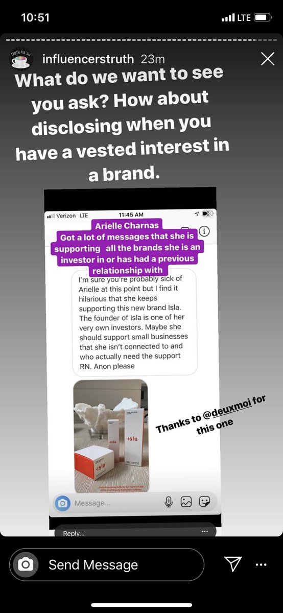 Remember in my previous thread when Arielle decided she would now be a champion for small businesses following the scandal?Her comments were flooded w suggestions. She decides to share a small beauty business “Isla.”Turns out the founder is a friend/investor of hers.Dark.