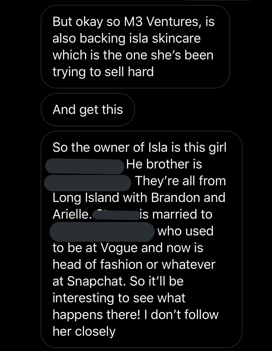 Remember in my previous thread when Arielle decided she would now be a champion for small businesses following the scandal?Her comments were flooded w suggestions. She decides to share a small beauty business “Isla.”Turns out the founder is a friend/investor of hers.Dark.