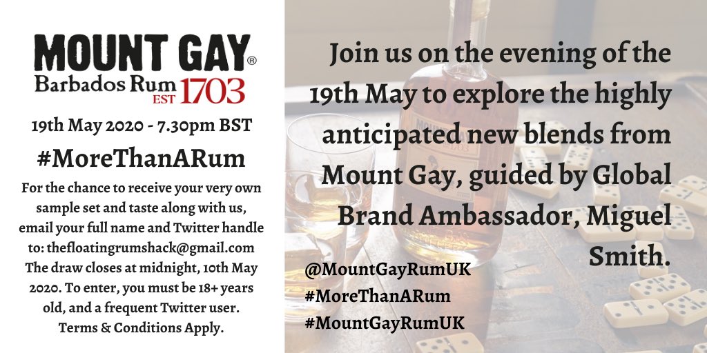 FloatingRumShac's tweet image. Last call... we’ve far more applications than we have sample sets, but you should still make sure your name is in the #MoreThanARum @MountGayRumUK twitter tasting draw!

We’ll be tasting the Pot Still Rum, and the new blends of Black Barrel &amp;amp; XO.

Deets: docs.google.com/document/d/1EN…