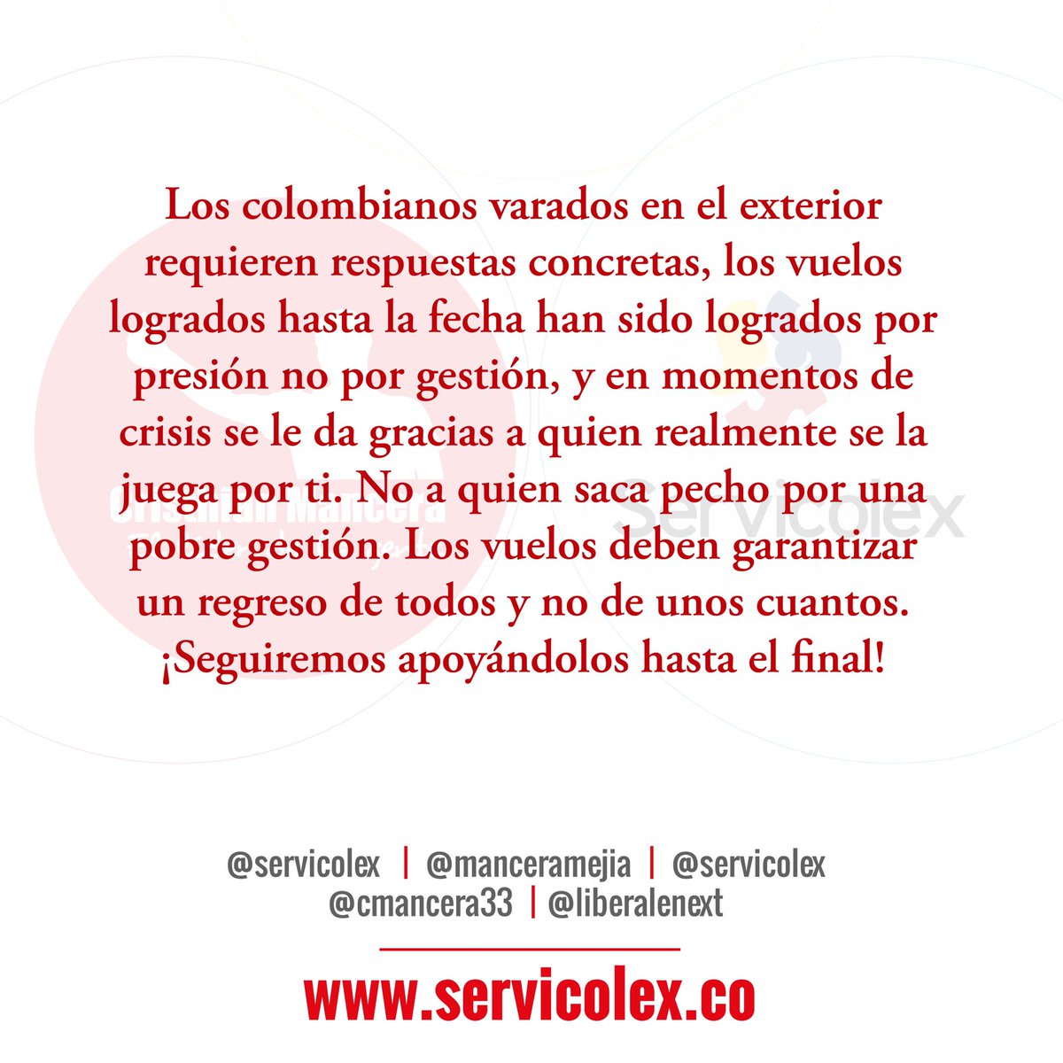 servicolex's tweet photo. Los colombianos varados por el mundo requieren más vuelos humanitarios. #servicolex esta con todos ustedes #Panama #Australia #Peru #portugal #Argentina #india #Mexico No es momento de festival de aplausos x una pobre gestión. Es hora de exigir más vuelos y ya! No más excusas https://t.co/ysP4VF2m2U