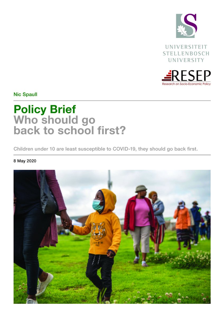 I know I'm not an epi/Infectious Diseases expert but many who are (like  @apsmunro) have been putting out helpful summaries on what the research is saying. I wrote a policy brief on it RE schooling in SA "Who should go back to school first?"  https://nicspaull.files.wordpress.com/2020/05/spaull-2020-schooling-policy-brief-10-may-2020.pdf A thread 1/n