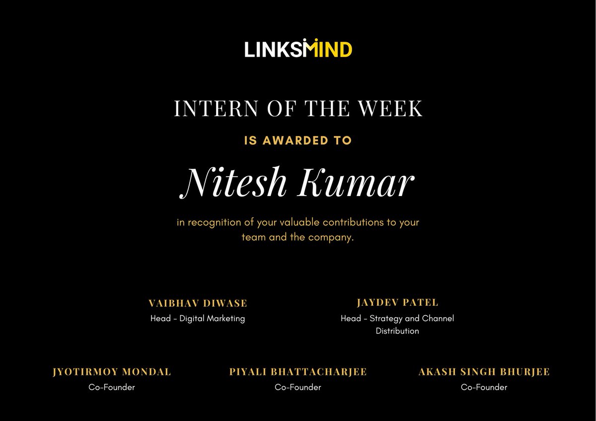 linksmind's tweet photo. It's a privilege to have people that go above and beyond the call of duty to make things happen.

We take this opportunity to felicitate our intern of the week - Nitesh Kumar for bringing great value in such a short span of time. Keep hustling, keep achieving, and keep winning. https://t.co/1RFlg6LKPE