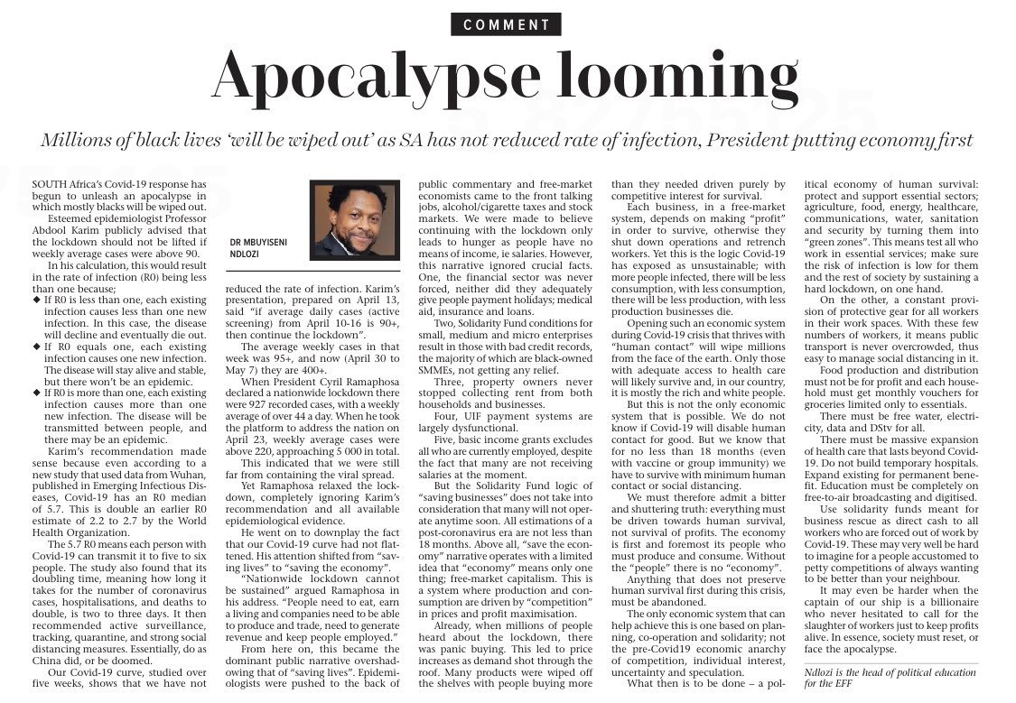 #COVID19SA: Page 12 of Sunday Indipendent Today: The Looming Apocalypse