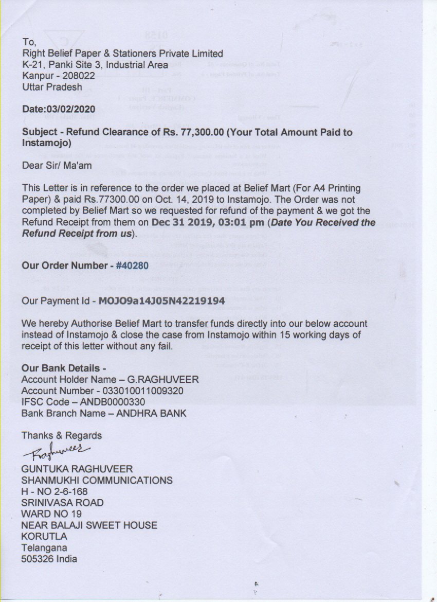 guntukaraghuve2's tweet photo. @belief_mart please refund my money  till no goods and not recieved my amount my order no is [Order #40280] (October 14, 2019)
Case ID

C9c3167223

Created on

Dec 31 2019, 03:01 pm

Payment ID

MOJO9a14J05N42219194

Amount

INR. 77300.00 https://t.co/AjcBFgOxsL