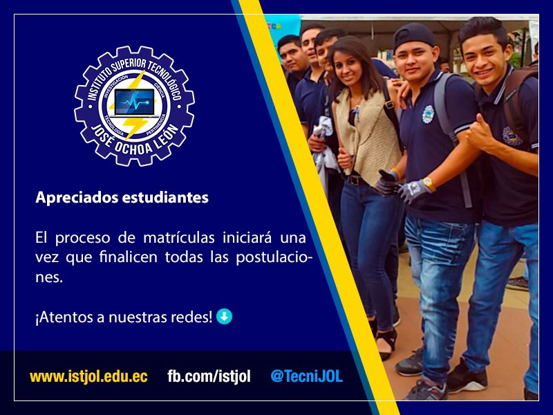 TecniJOL's tweet photo. 📚🎓 Agradecemos a todos los que aceptaron los cupos en la primera #postulación 👏 iBienvenidos! 🤝 

#Admisión2020 @EduSuperiorEc @agustinalbanm 

⚙#ISTJOL https://t.co/iLj9juFZCB
