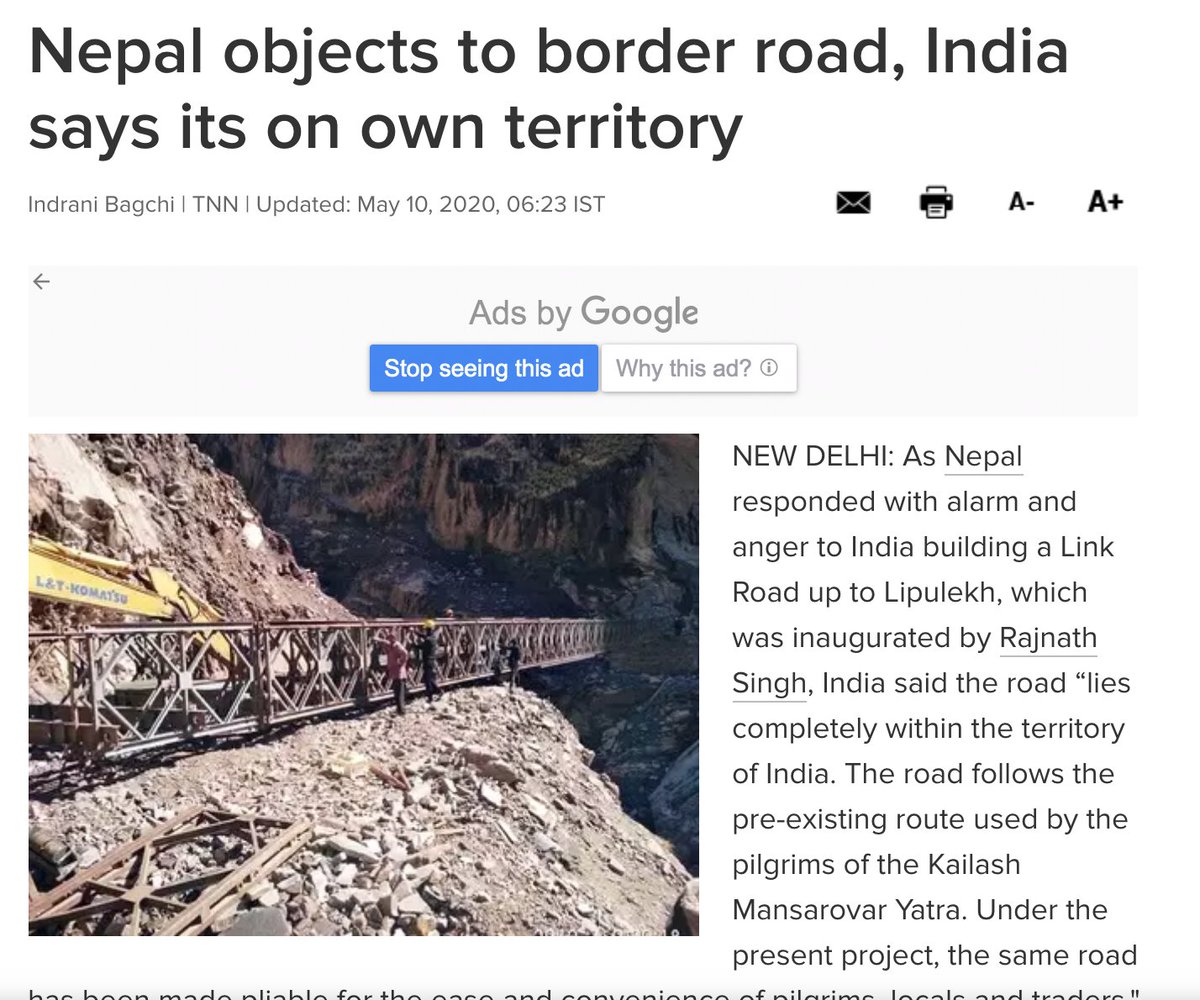 5/8 Timing/NepalBut still, Mt Everest is none of India's business. So I'm not surprised Nepalis are seeing this as an Indian attempt to deflect attention from another dispute that flared up yesterday, after India announced a new road through  #Lipulekh territory claimed by Nepal.