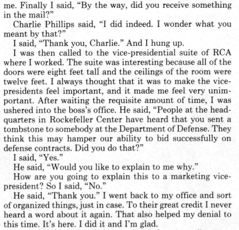 There was other dramaHoward Bromberg, from RCA & an SRC member, grew so frustrated that he sent a tombstone with "COBOL" on it to Philips"Obviously someone did not wish COBOL well & was kindly providing the chair with a marker for the grave"- Charles Philips, CODASYL chair