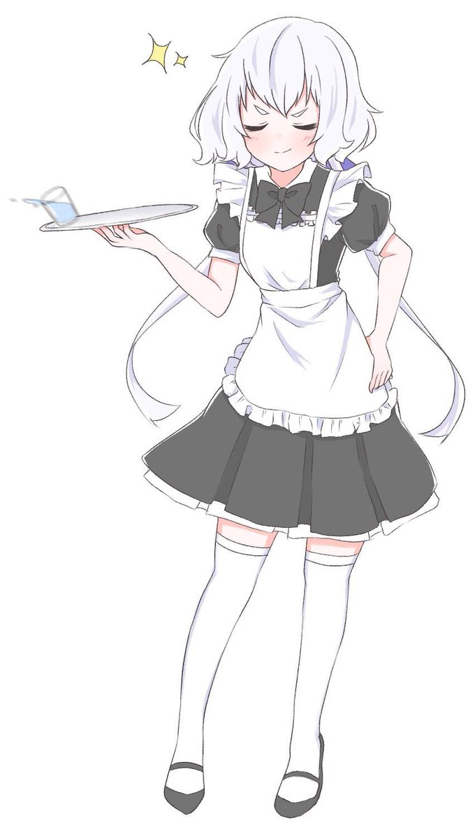 konno junko 1girl solo tray thighhighs apron maid closed eyes  illustration images
