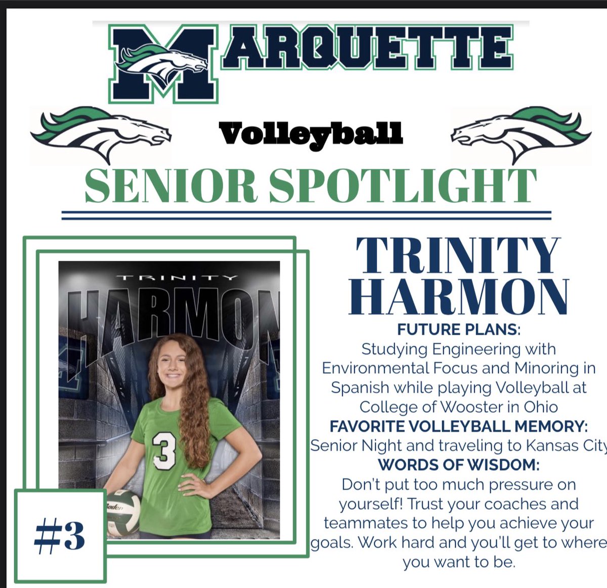 marquette_vb's tweet photo. Today’s Senior Spotlight! Thank you Trinity!@MarquetteStangs #classof2020mustangs https://t.co/DvuhwIjQEW
