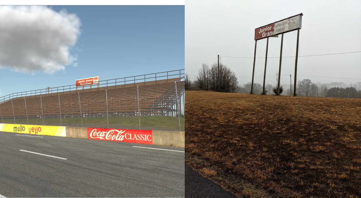 Instead of that giant stand, turns 1 and 2 were a camper parking area. The backstretch had two small wooden bleachers which led up to the space occupied by the Junior Johnson stands, which is gone now but the sign remains behind as a reminder. 12/16