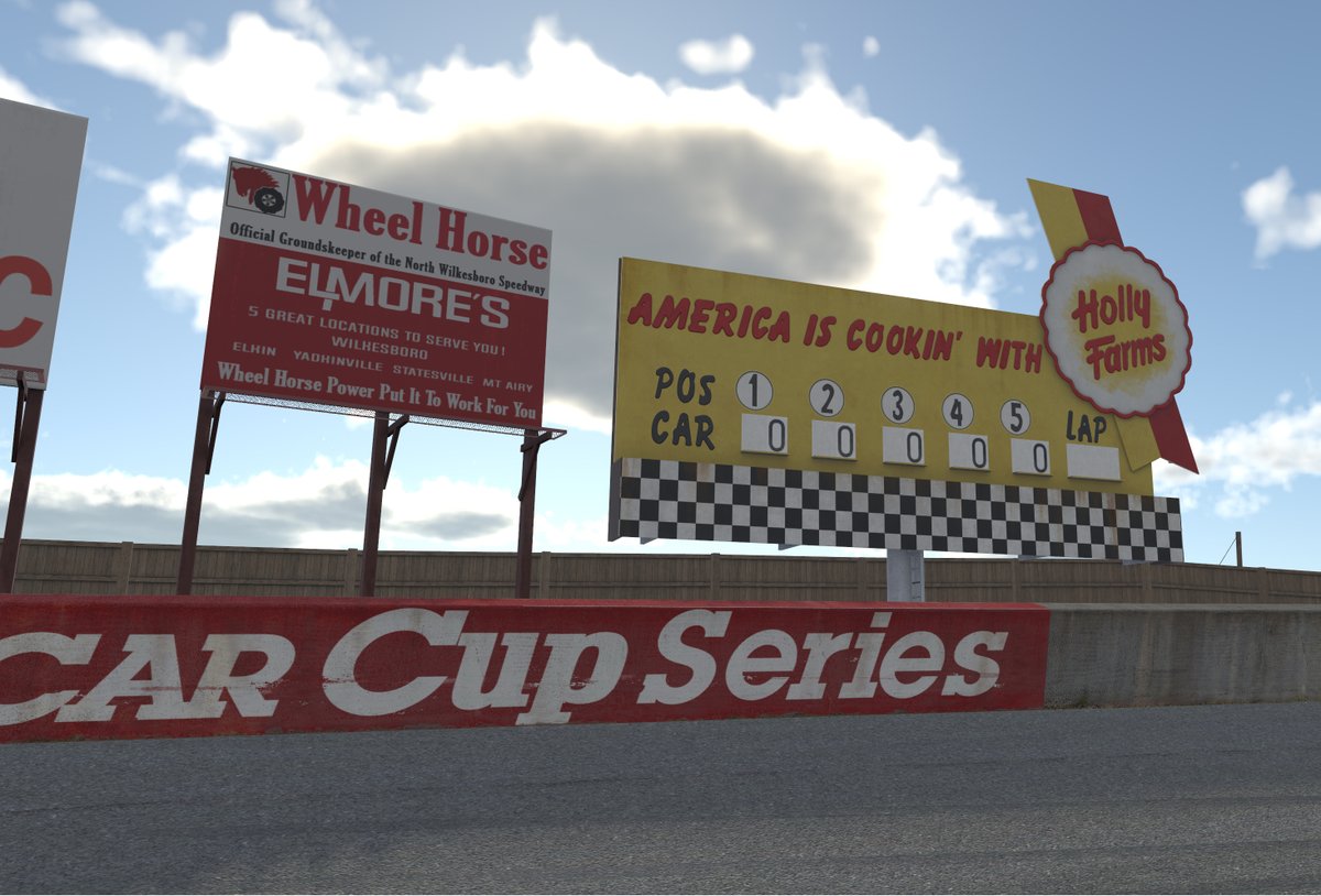 One really unique object we made was the manually operated Holly Farms scoreboard in turn 3. This will function correctly in  @iRacing and the numbers will change to match car positions. It's a tight fit for our 3D character models up there! 13/16