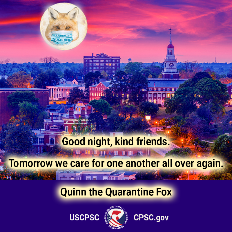 Quinn the Quarantine Fox in the moon over Macron, Georgia. The text reads: Goodnight, kind friends. Tomorrow we care for one another all over again. Quinn the Quarantine Fox.