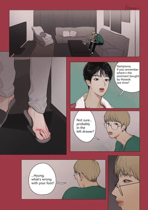 #namjin #랩진 
The phantom which had appeared many times in Namjoon's dream, was the reddish wound inlaided on that pale and skinny foot.
(tks for translation@xlotte17 )
(READ from right to left⬅️) 