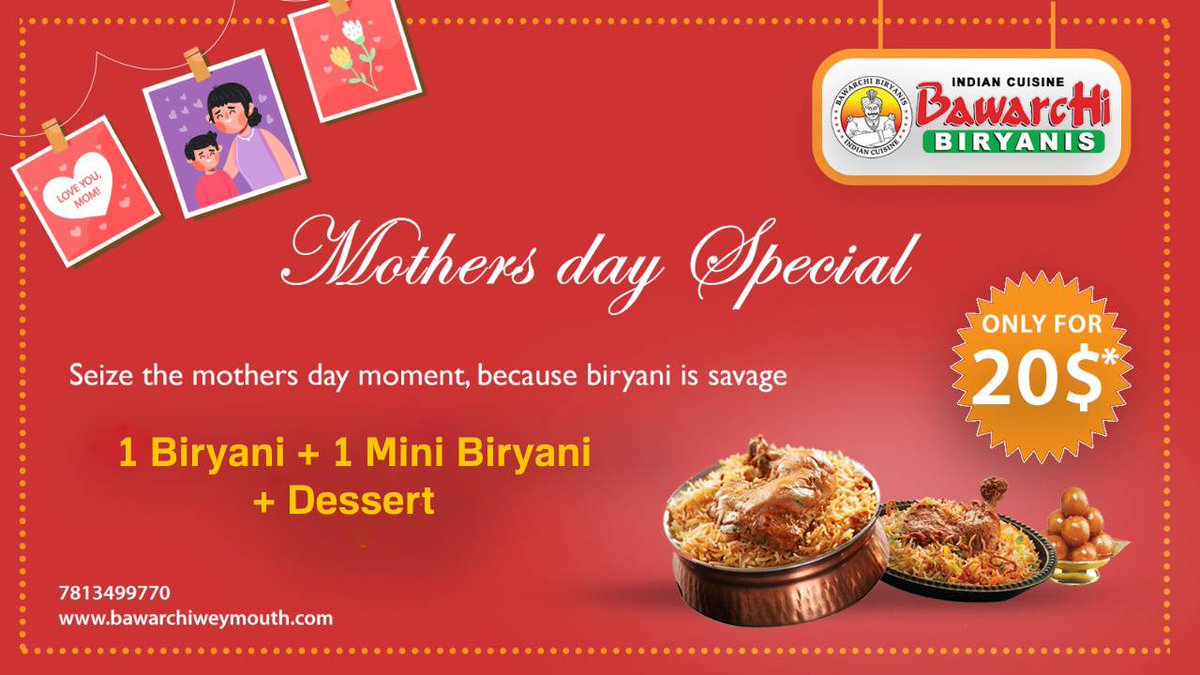 BawarchiMA's tweet photo. Seize the mothers day moment, because biryani is savage.
Get 1 Biryani + Mini Biryani + Dessert at just $20. "Offer is valid only on Sunday". To order now click the link in BIO
.
.
.
.
#mothersday #mothersdayspecial #bawarchibiryanis #bawarchiweymouth https://t.co/flphkXreAr