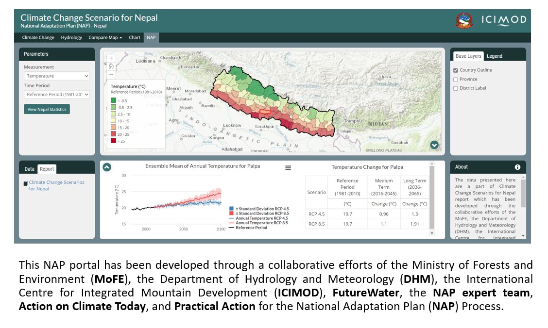SantoshNepal_'s tweet image. 1) Are you looking for info on climate change scenarios for Nepal? 
2) How the precipitation &amp;amp; temp of a district would change by the end of the century?
3) Here is the NAP portal for future climate change information!
geoapps.icimod.org/hichap/nap

@Hello_MOFE @DhmNepal @icimod #MOFE