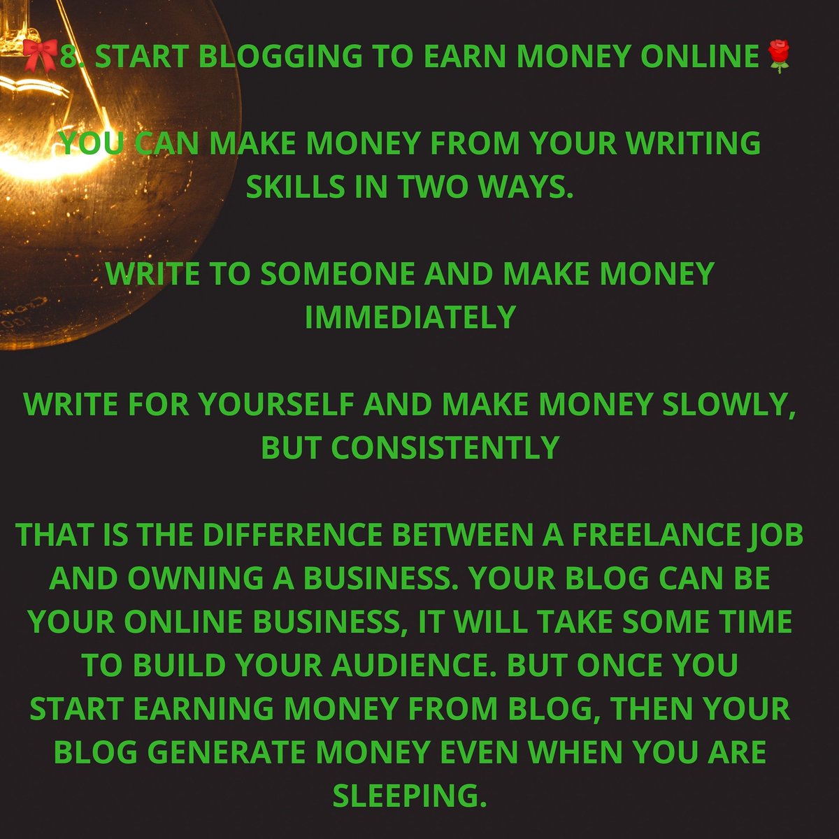 MakeMon57109377's tweet photo. 8.Start Blogging to Earn Money Online🎀🌹🙏

 #makemoneyonlineuk #makemoneyfast #makemoneyonlinequick #makemoneydaily #makemoneyathome #makemoney #makemoneyonlinesecrets #makemoneyfromyourphone #bhfyp https://t.co/wct1k2cQoZ