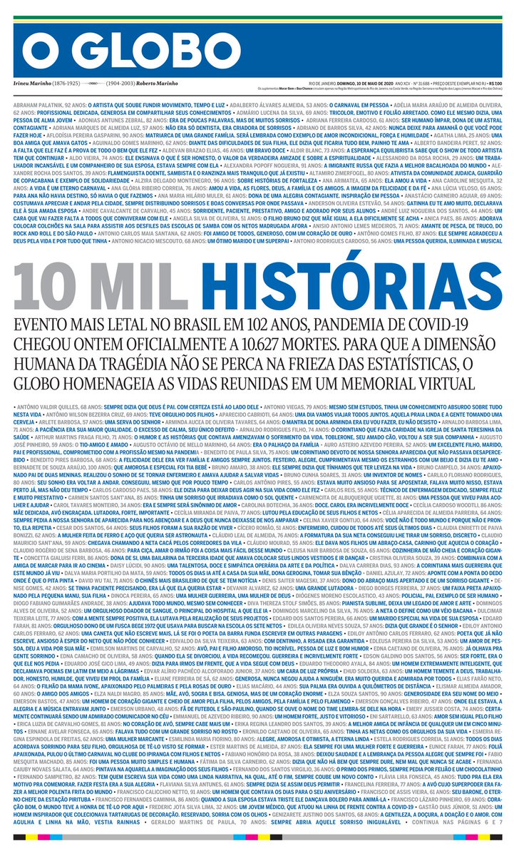 10.627 mortos pela Covid-19

Por trás da dura frieza deste número, estão histórias de vida. E contá-las na nossa primeira página é a nossa forma de prestar uma homenagem