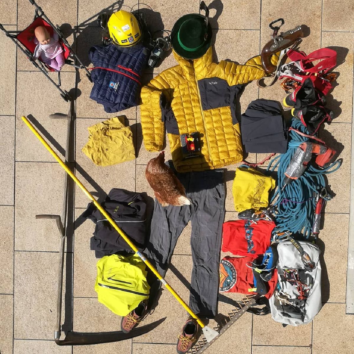 rab_equipment's tweet photo. So much going on in this #RabAtHome entry, there's a chicken, a doll in a pram, climbing kit, garden tools 🤣 What else do you spot? 

Have you entered yet? Getting tagging us 😍 Competition runs until the end of May 2020. Prize = Rab 50L Kitbag, with a selection of swag 🤙 https://t.co/mJKC14Nrtn