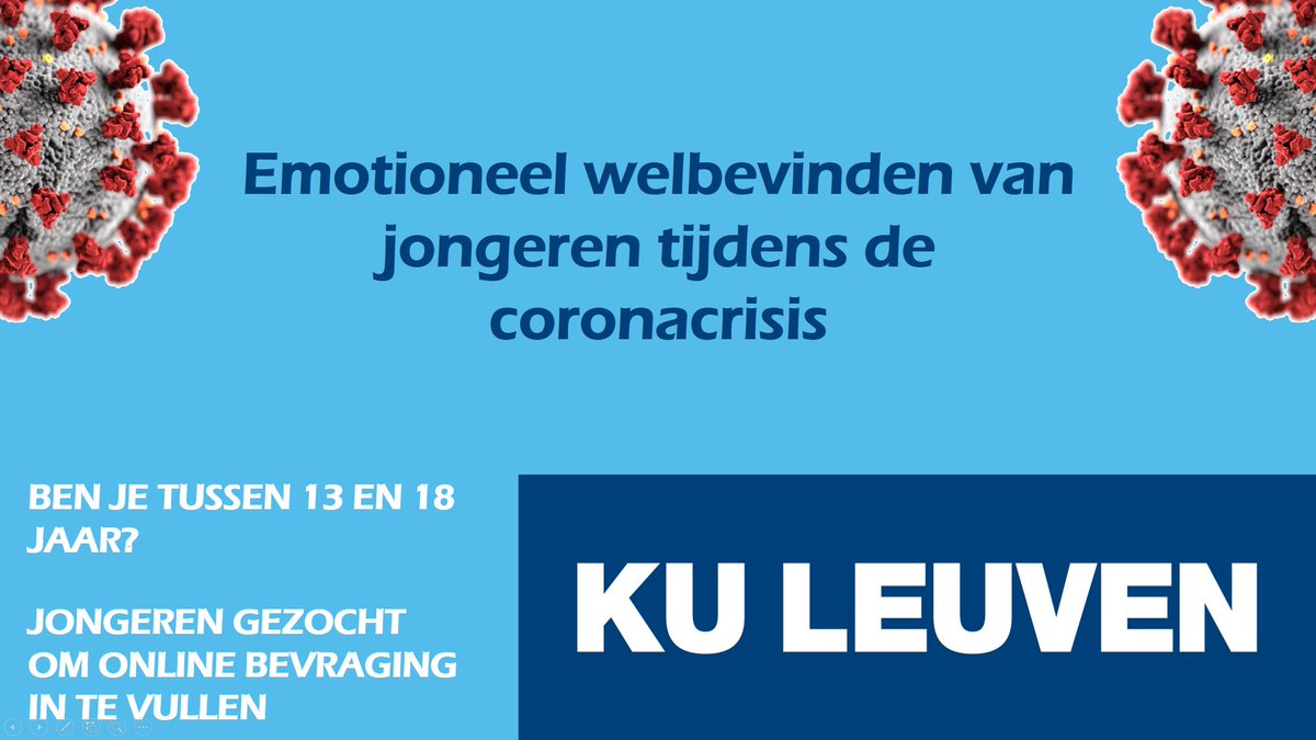KU Leuven zoekt jongeren voor online bevraging naar coronacrisis <a href="/KU_Leuven/">KU Leuven</a> <a href="/PPW_KULeuven/">PPW_KULeuven</a>

13-16 jaar => Dan hebben we nog even de toestemming van een ouder nodig: ppw.kuleuven.be/scad/bevraging…

16 -18 jaar => Deelnemen kan via kuleuven.eu.qualtrics.com/jfe/form/SV_cT… 

Delen mag!🙂