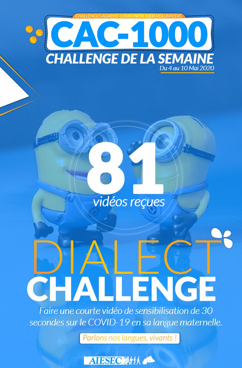 aiesec_burkina's tweet photo. [CAC1000-DIALECT CHALLENGE]
 
Ouloulouuuuuu!
81 vidéos en différentes langues maternelles reçues depuis le 4 Mai dans le cadre du #DialectChallenge. A noter que le challenge se poursuit jusqu'à la fin de cette journée.
Parlons nos langues, vivants !
Suivez le mouvement !
#CAC1000 https://t.co/9eBbsqMJ8S