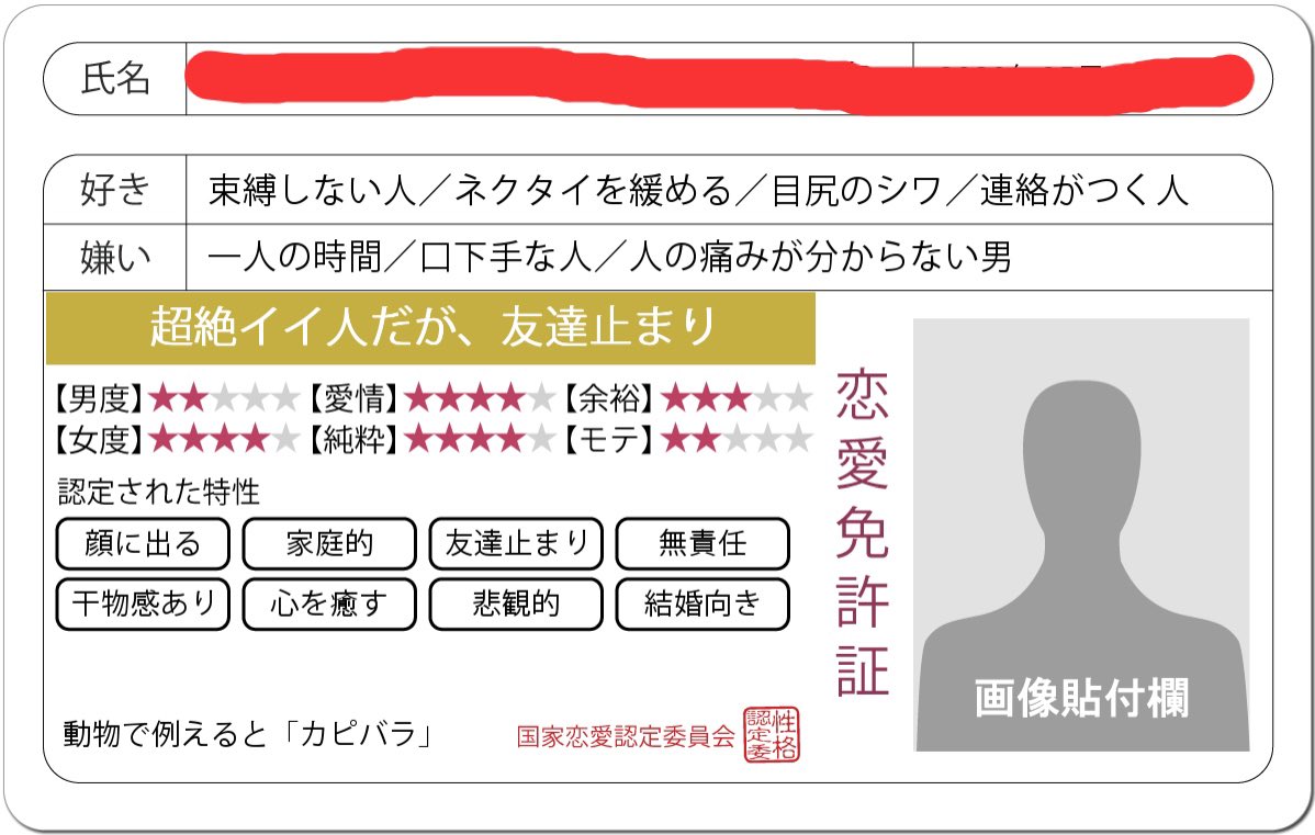 りんくん やってみてって言われたからやったんだけど当たってて怖いわw ちょっとやってみてw 恋愛診断 恋愛免許証 恋愛にお墨付きを 無料のハニホー 詳細はこちら T Co Ewfubak1ai T Co Hr17i6kwrn Twitter