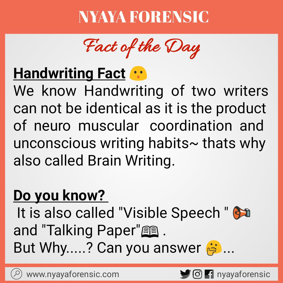 nyayaforensic's tweet photo. #nyayaforensic
#FOD
#factoftheday #handwritingfacts #handwriting #doyouknow #didyouknow #funfacts #forensicfiles #forensicscience #forensicdaily #brainwriting #questioneddocument #qd #visiblespeech #talkingpaper #crimescene #csi #science #forensic
#neuromuscularcordination https://t.co/6oyGTWHRd9