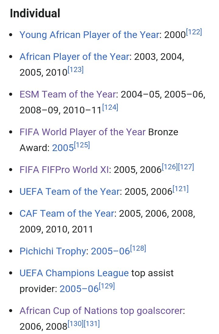 1)A list of Eto's individual achievements