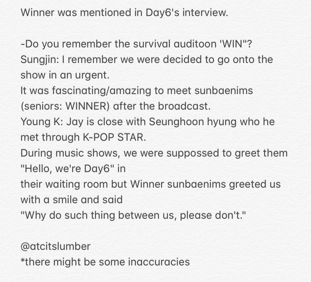 Throwback WINDAY #12Day6 mentioned Winner in their interview. Day6 were supposed to greet Winner formally in the waiting room but Winner greeted them with a smile and said "why do such thing between us, please don't".I love their friendship :") #WINNER  #위너  #DAY6    #데이식스  