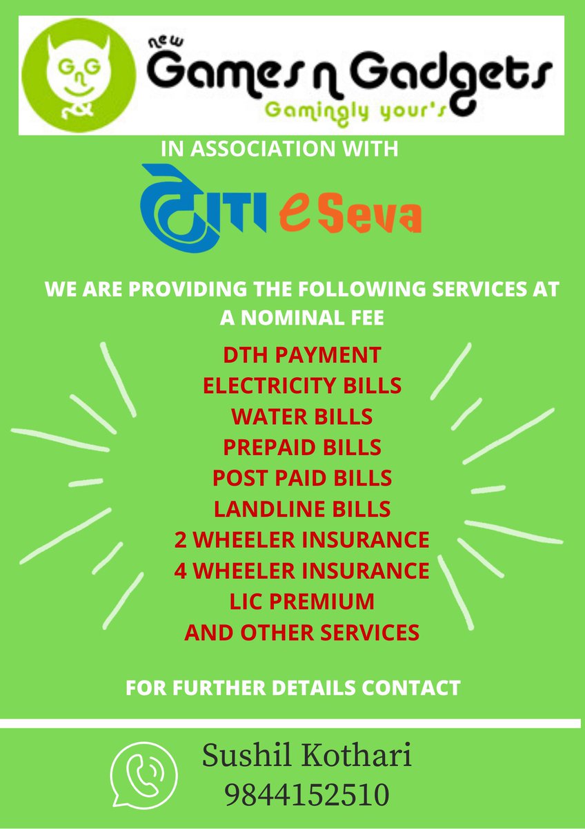 Gamesngadgets's tweet photo. We are able to assist you incase if you are not able to pay any kind of utility bills at a nominal fees thru Eseva (a initiative by ITI ltd) https://t.co/YoS458GQ88