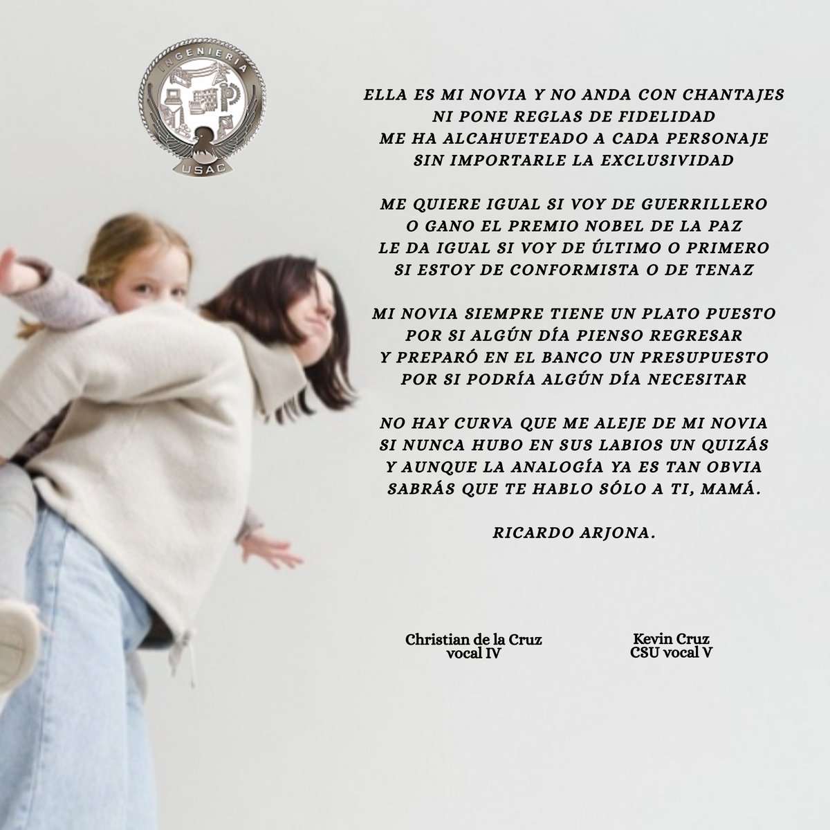 KevinVladimirCL's tweet photo. #FIUSAC 
#VocalIVChristiandelaCruz 
#CSUVocalVKevinCruz 
Queremos desearle un feliz día de la madre a las compañeras, personal administrativo, docente y a todas las madresitas que tienen la bendición de guiar y transformar vidas un abrazo! https://t.co/hP3ziuMleK
