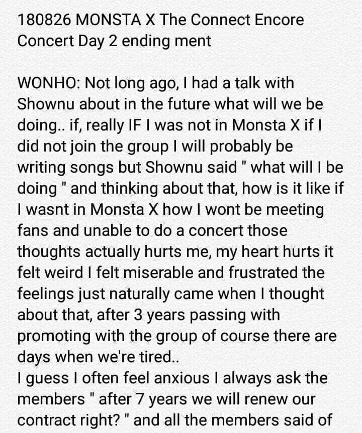 seokissy's tweet photo. wonho's biggest insecurity has always been losing monsta x and monbebes. he's always been the one to be anxious about it. everytime i read this ending ment it breaks me. idk about y'all but i'll NEVER stop fighting FOR OT7! https://t.co/DfeXdxsj18