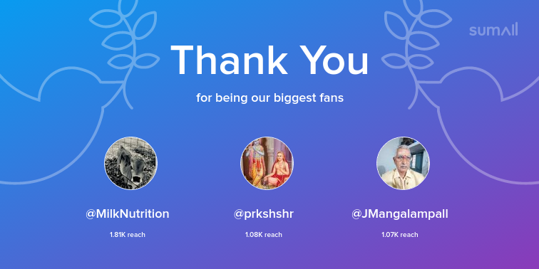 Our biggest fans this week: MilkNutrition, prkshshr, JMangalampall. Thank you! via sumall.com/thankyou?utm_s…