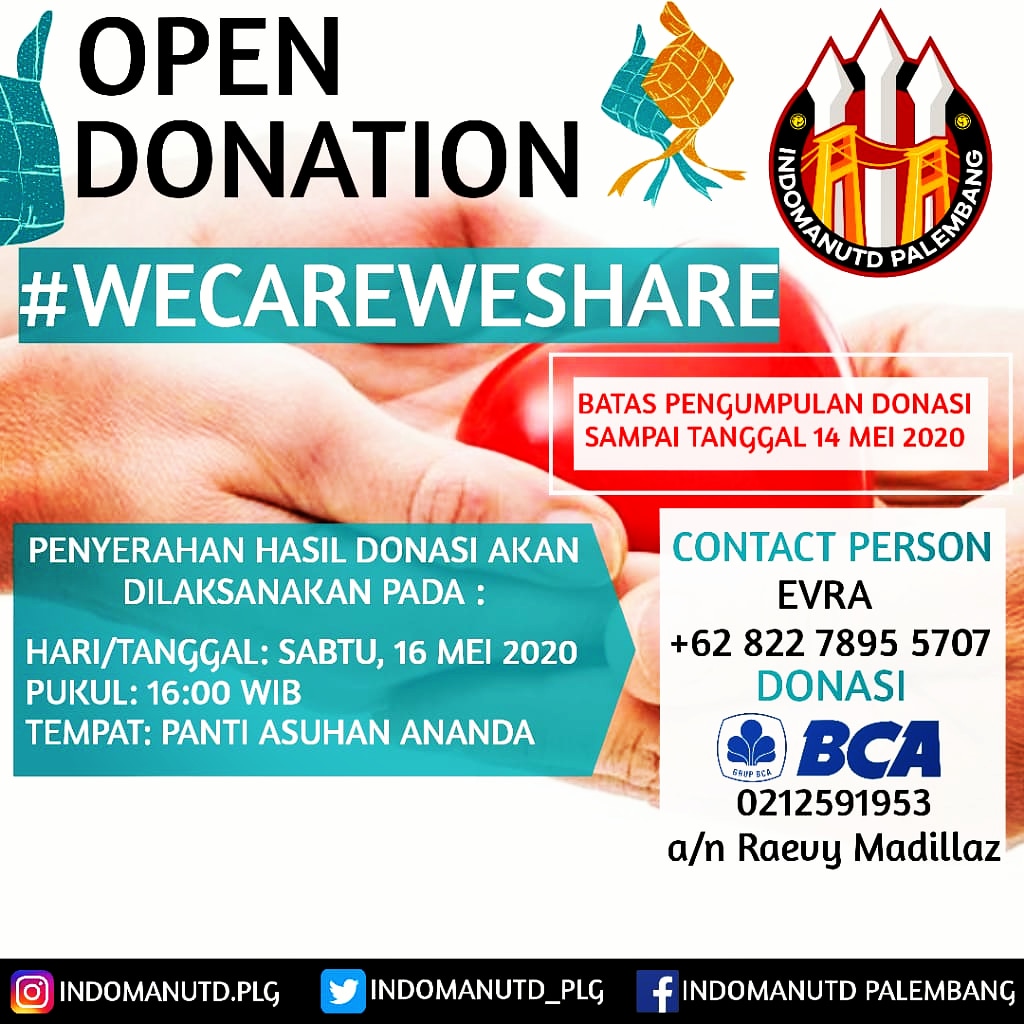 Selamat siang, tweeps!
<a href="/indomanutd/">Indonesian Manchester United</a> Palembang berencana akan mengadakan pengumpulan donasi utk panti asuhan ananda, silahkan bagi teman2 yg mau ikut serta dalam kegiatan ini. Terima kasih.