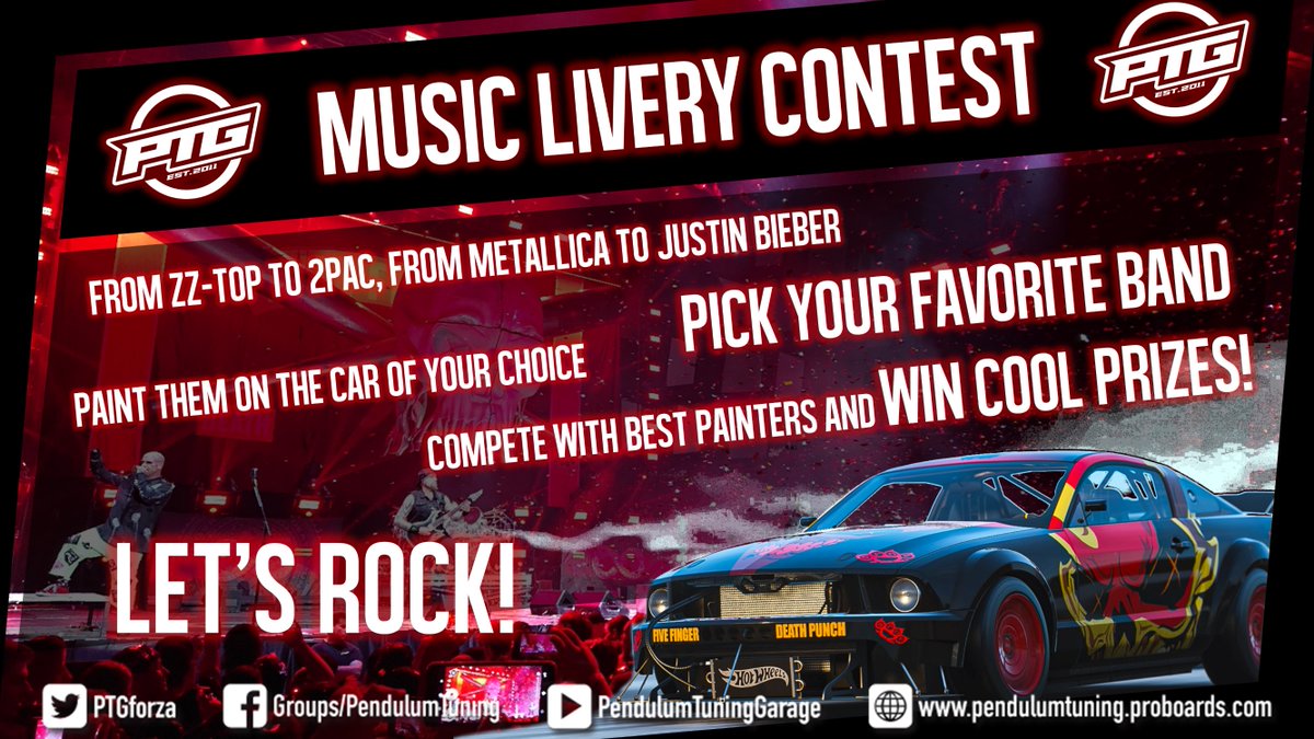 quadro40k's tweet photo. Fellow Forza Painters!

PTG is happy to announce the new livery contest, this time themed on music!

See details, submit your entries or join the discussion:
- Our Discord: https://t.co/XN7vGhTDx5
- Forza Forums: https://t.co/utv27pRzhg https://t.co/mXgvqXDXY8
