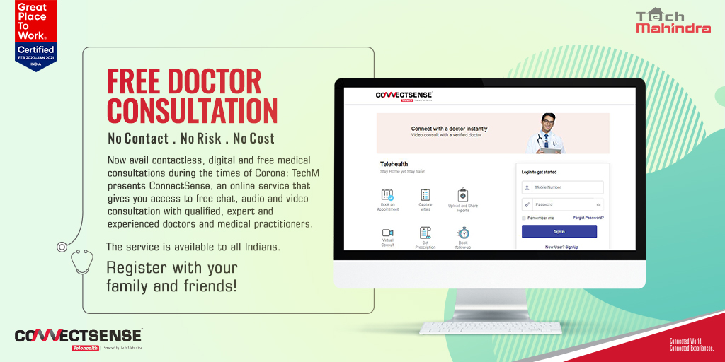 C_P_Gurnani's tweet photo. Another step in our joint efforts with @SetuAarogya to fight #coronavirus
@tech_mahindra is proud to offer #ConnectSense -a free online medical consult during the pandemic..
A shout out to the medical fraternity supporting us๐
@IMAIndiaOrg @mygovindia
https://t.co/GbjpxYGuF9 https://t.co/LtFxtKEar6