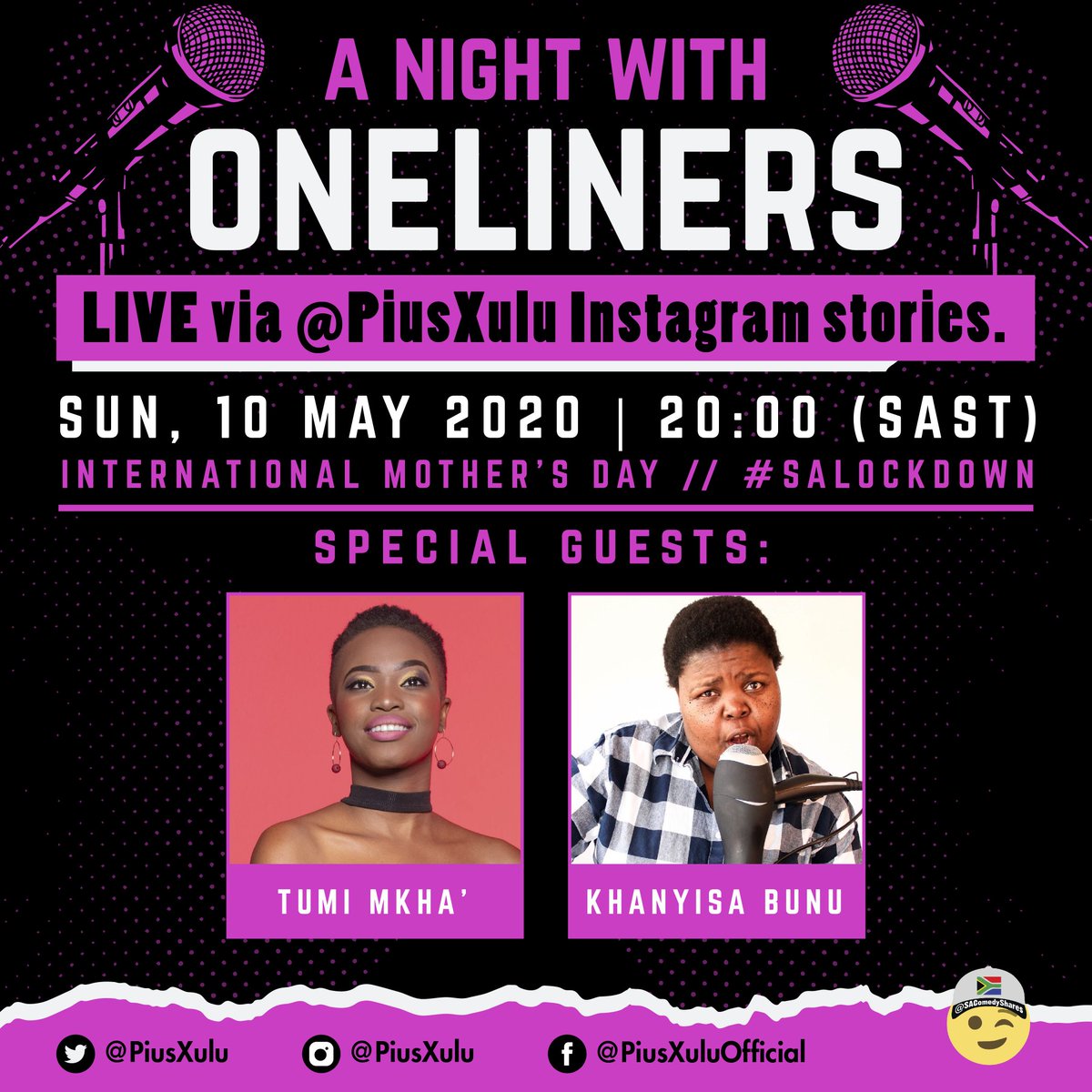 PiusXulu's tweet photo. Join us tonight LIVE via https://t.co/LJ75X8J5hX Stories and enjoy a special #mothersday2020 rendition of our show #ANightWithOneLiners featuring local and international #comediennes.
#SpreadTheWord 😷
#day45oflockdown #lockdown
#uMalambaneMustRise #ladiesnight #MothersDay https://t.co/cqMrApgi4S