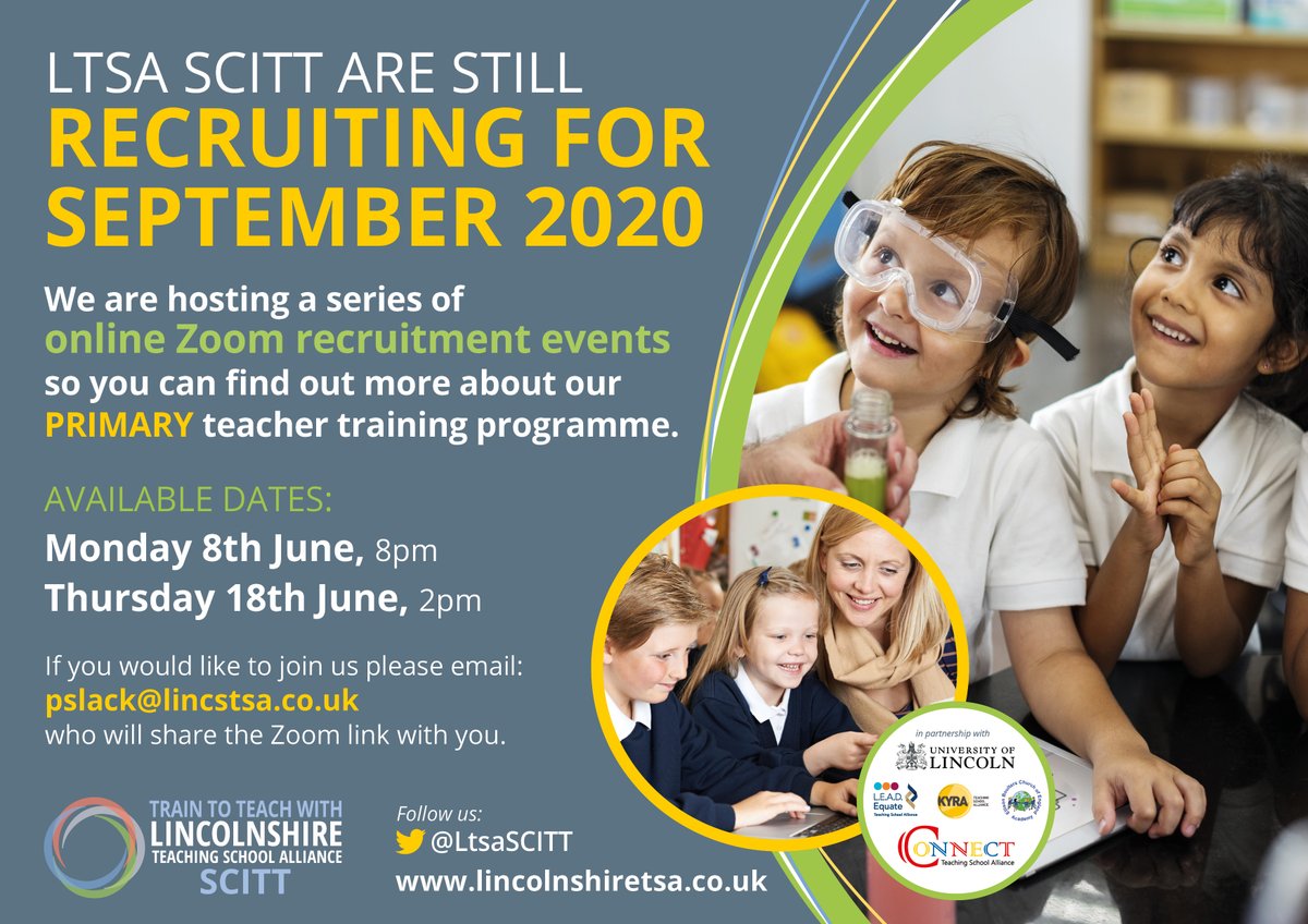 KyraDirect's tweet image. Still recruiting for teacher training! Join our Zoom recruitment events for our #primary programme. Choice of dates and times. Email pslack@lincstsa.co.uk for the link to take part.