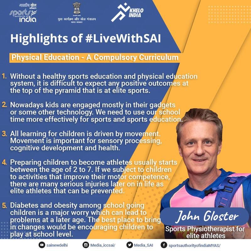 Media_SAI's tweet photo. Should physical education be a compulsory subject? Watch what #JohnGloster, Sports Physiotherapist, had to say on #LiveWithSAI. His session is now available on YouTube.
https://t.co/ubLXJoXQBj
#IndiaFightsCorona https://t.co/yDorNC2Khg