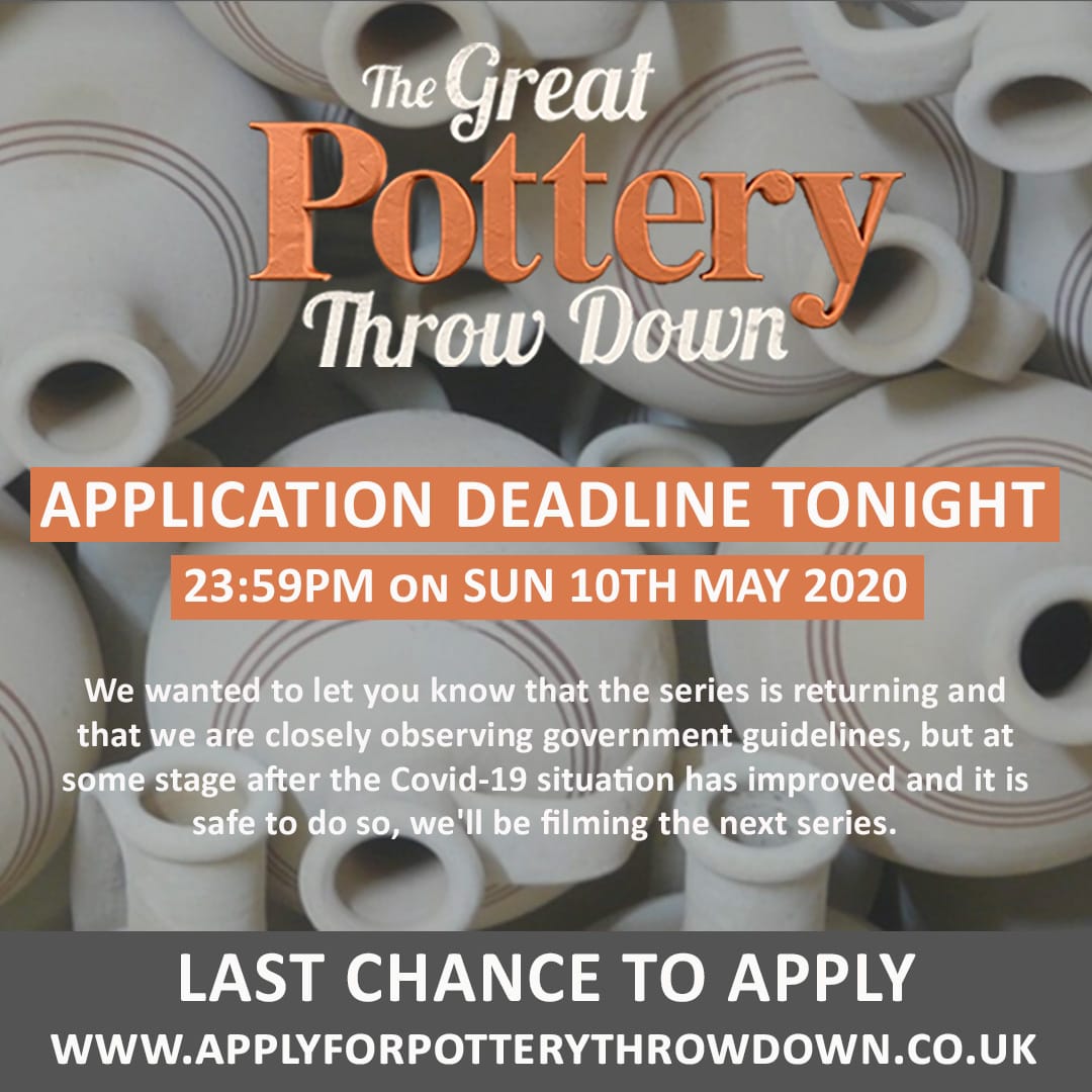 IT'S DEADLINE DAY. There's now less than 12 HOURS to get your applications fired over to us! 

Apply at: pottery.take-part.co.uk 🏺

GOOD LUCK! 

#TGPTD #potterythrowdown #pottery #throwdown #ceramics #homepotter #studiopottery