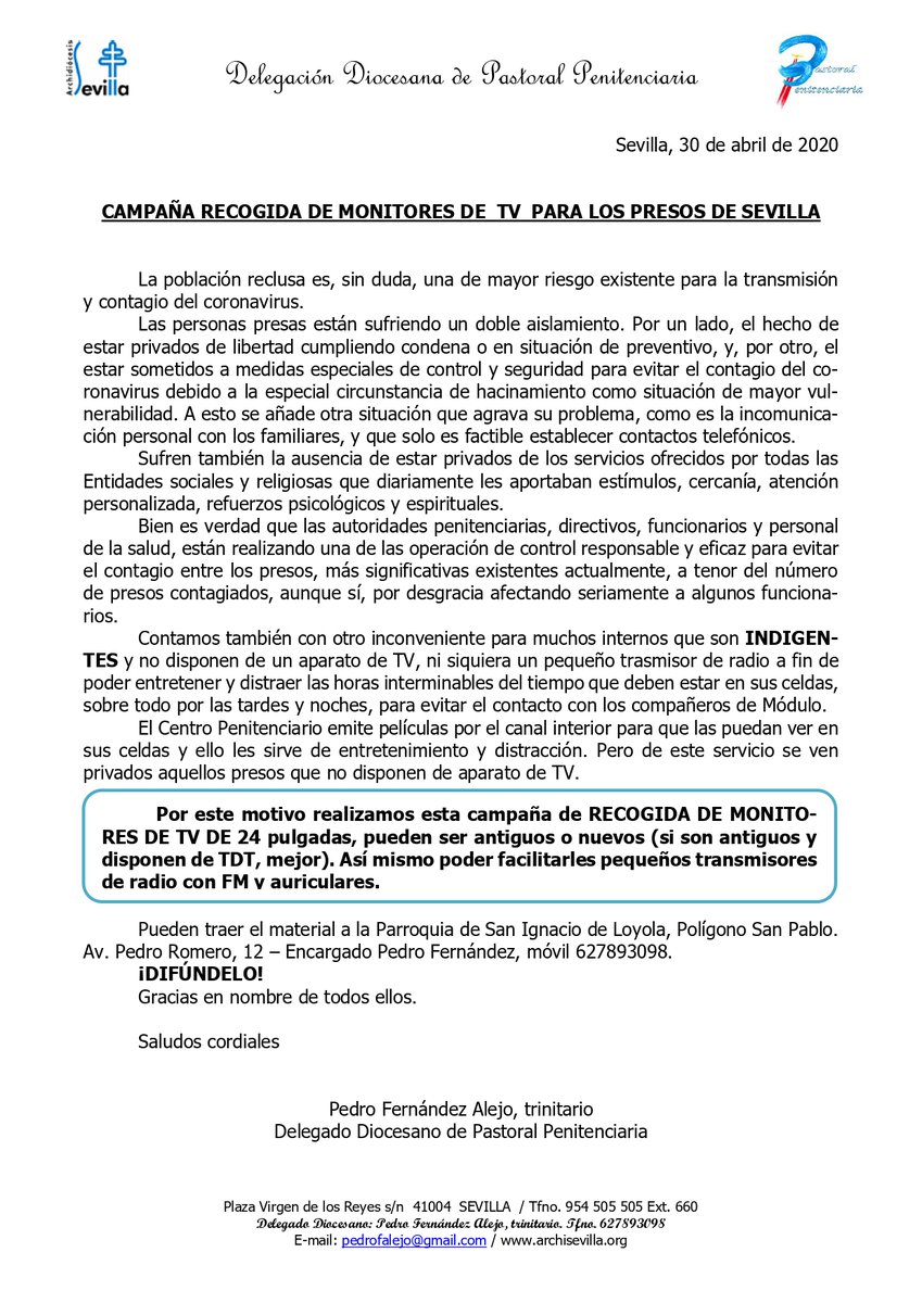 EnRedESevilla's tweet photo. #PastoralPenitenciaria realiza una campaña solidaria.
Dona a personas reclusas TV de hasta 24", lo necesitan.

Colabora con ellos!!! https://t.co/049NurNEFV