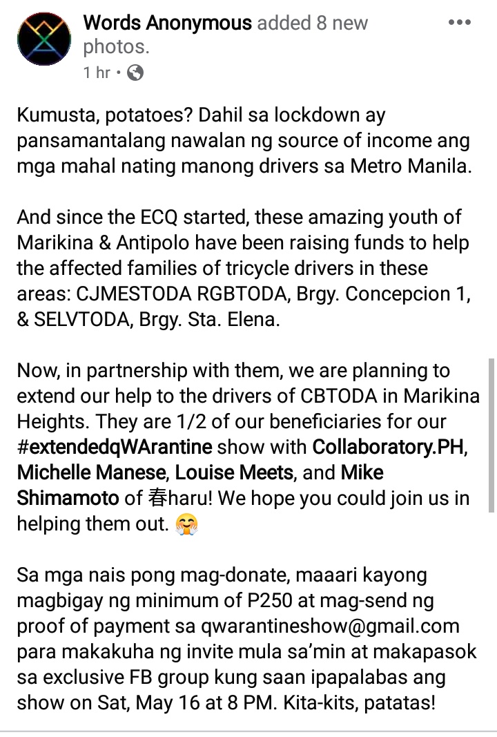 wordsanonph's tweet photo. We posted about another group, this time of trycicle drivers, that we hope we could help via our #extendedqwWArsntine show! We also want to commend these youth who have spearheaded fundraisers already! You can check and share the post thru this link:

https://t.co/9IfHXhRU1T https://t.co/C7j7rvU3IE